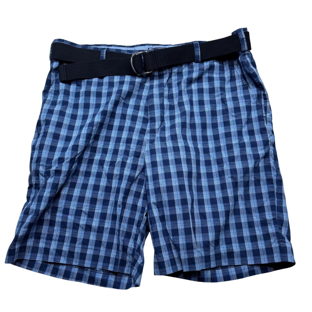 IZOD Mens‎ Blue Plaid Cotton Flat Front Shorts with Webbed Belt W38 #874